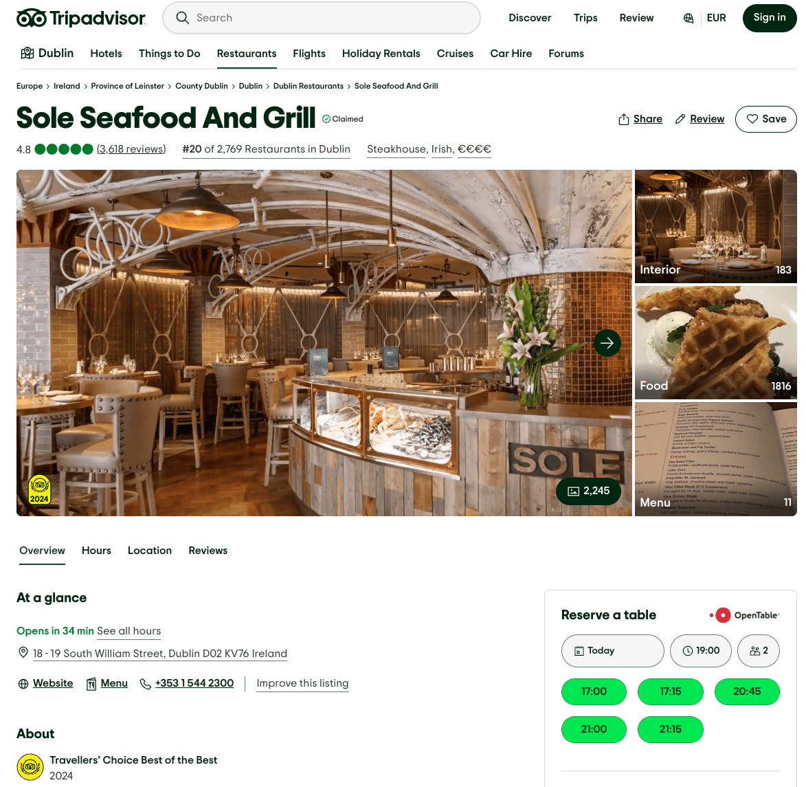 Best Seafood Restaurant in Dublin By TripAdvisor
